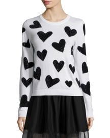 Alice   Olivia Carey Sequin-Heart Wool Pullover Sweater  White Black at Neiman Marcus